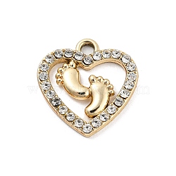 UV Plating Alloy Rhinestone Pendants, Heart with Foot Print Charms, Golden, 18x18x2mm, Hole: 2mm(PALLOY-D026-19G)