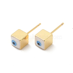 Long-Lasting Plated Cube with Enamel Evil Eye Stud Earring, Real 18K Gold Plated Brass Jewelry for Women, White, 6x6mm, Pin: 0.8mm(EJEW-E272-01G-03)