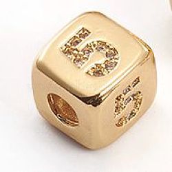 Brass Micro Pave Cubic Zirconia Beads, Cube with Number, Clear, Golden, Num.5, 8.5x8.5x8.5mm, Hole: 3.5mm(ZIRC-L091-021G-05)