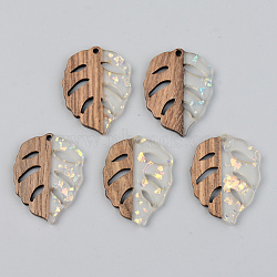 Transparent Resin & Walnut Wood Pendants, with Glitter Paillettes, Leaf, Clear, 37x28x3mm, Hole: 2mm(X-RESI-S389-003A-E01)