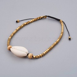 Adjustable Nylon Cord Braided Anklets, with Cowrie Shell and Wood, Electroplate Non-magnetic Hematite Beads, Dark Goldenrod, 2-3/4 inch~4 inch(7~10.3cm)(AJEW-AN00245)