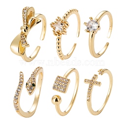 6Pcs 6 Style Adjustable Brass Micro Pave Clear Cubic Zirconia Cuff Rings, Open Rings, Solitaire Rings, Cross & Star & Square & Snake & Bowknot, Golden, US Size 5(16mm)~US Size 8(18mm), 1pc/style(RJEW-LS0001-09G)