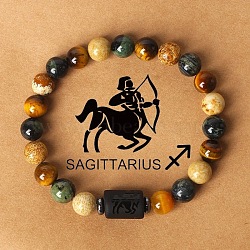 Twelve Constellations Natural Tiger Eye & Picture Jasper & Rhyolite Jasper Round & Column Beaded Stretch Bracelets for Women Men, with Gift Card, Sagittarius, 2-3/8 inch(6cm)(WG6FA5D-11)