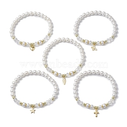 6mm Round Shell Pearl Beaded Stretch Bracelets, Golden Tone 304 Stainless Steel Charm Bracelets for Women, Mixed Shapes, Inner Diameter: 2 inch(5.2cm)(BJEW-JB10672)