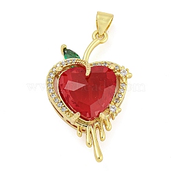 Rack Plating Brass Micro Pave Clear Cubic Zirconia Pendants, with Glass, Long-Lasting Plated, Cadmium Free & Lead Free, Real 18K Gold Plated, Heart Charms, Red, 30x17x9.5mm, Hole: 4.5x3.5mm(ZIRC-L100-162G-09)