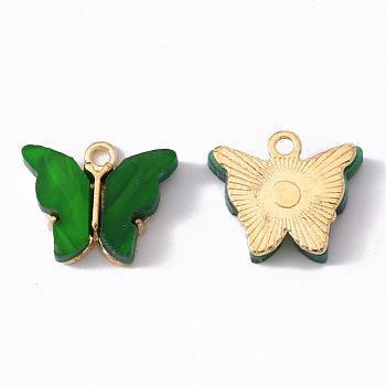 Alloy Enamel Pendants, Butterfly, Light Gold, Dark Green, 14x16.5x3mm, Hole: 1.6mm