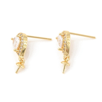 Rack Plating Brass Micro Pave Cubic Zirconia Stud Earring Finding, with Pinch Bails for Half Drilled Beads, Teardrop, Cadmium Free & Lead Free, Real 18K Gold Plated, 12x7x4.5mm, Pin: 0.6mm and 0.8mm