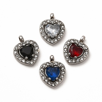 304 Stainless Steel Cubic Zirconia Pendants, with Rhinestone, Heart Charms, Mixed Color, 12.5x10x3.5mm, Hole: 1.8mm