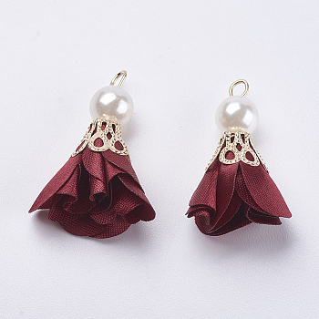 Nylon Pendant Decorations, with Iron Findings, and Acrylic Pearl Beads, Flower, Light Gold, Dark Red, 30x27mm, Hole: 2mm