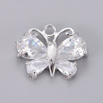 Brass Cubic Zirconia Pendants, Long-Lasting Plated, Butterfly, Clear, Platinum, 12x15x4mm, Hole: 1.5mm