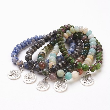 Natural Gemstone Bead Charm Bracelets, with Alloy Findings, Flat Round with Tree, 2 inch(5.1cm), Pendant: 20x15x2mm