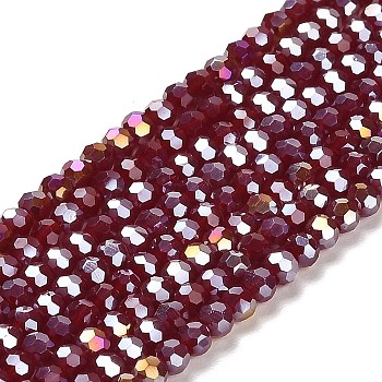 Opaque Glass Beads Stands, AB Color, Faceted(32 Facets), Round, Dark Red, 3.5x3mm, Hole: 1mm, about 168~169pcs/strand, 19.09~19.17 inch(48.5~48.7cm)