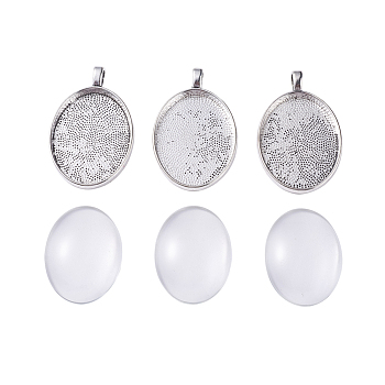 DIY Pendant Making, with Alloy Pendant Cabochon Settings and Transparent Clear Oval Glass Cabochons, Antique Silver, 39x25x3mm, Hole: 4mm
