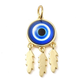 Real 18K Gold Plated Brass Pendants, with Acrylic and Jump Ring, Flat Round with Evil Eye Charms, Blue, 30.5x14x5mm, Hole: 3.4mm