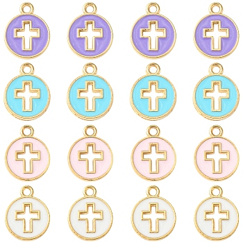 16Pcs 4 Colors Light Gold Plated Alloy Enamel Pendants, Flat Round with Cross, Mixed Color, 15x12x1.5mm, Hole: 1.6mm, 4pcs/color