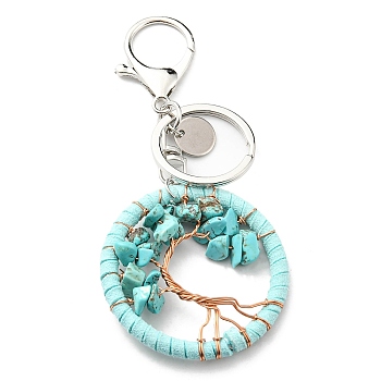 Synthetic Turquoise Keychains, Flat Round with Tree of Life Charms, 5cm