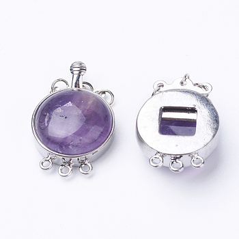 Natural Amethyst Box Clasps, with Brass Finding, Flat Round, Platinum, 26.5x17.5x8~9mm, Hole: 1mm