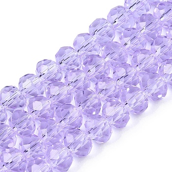 Transparent Glass Beads Strands, Faceted(32 Facets), Rondelle<P>Please Note: Because these beads are made in different batches, the color could be slightly different from one batch of beads to the next, Lilac, 8x6.5mm, Hole: 1.2mm, about 63pcs/strand, 15.55''(39.5cm)