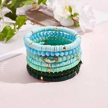 7Pcs 7 Style Handmade Polymer Clay Heishi Surfer Stretch Bracelets Set, Glass Beads Bracelets, Stackable Preppy Bracelets for Women, Spring Green, Inner Diameter: 2-1/8 inch(5.3cm), 1Pc/style