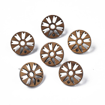 Walnut Wood Stud Earring Findings, with 316 Stainless Steel Pin and Hole, Flat Round with Flower, Tan, 17.5mm, Hole: 1.8mm, Pin: 0.7mm