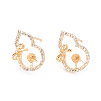 Brass Micro Pave Clear Cubic Zirconia Earring Findings, for Half Drilled Beads, Nickel Free, Gourd, Real 18K Gold Plated, 18x12.5mm, Pin: 0.8mm, Pin: 0.8mm(for Half Drilled Beads)