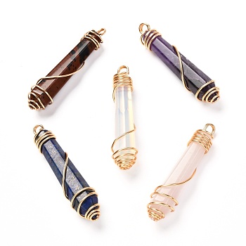 Natural & Synthetic Gemstone Pendants, with Real 18K Gold Plated Eco-Friendly Copper Wire, Bullet, 55~57x12~13x12~13mm, Hole: 4mm