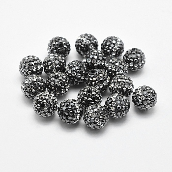 Handmade Polymer Clay Rhinestone Beads, Round, Crystal & Hematite, 10mm, Hole: 1.5mm