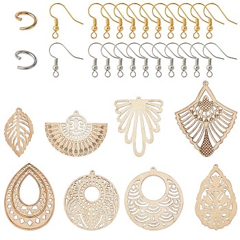 DIY Earring Making, with Wood Big Pendants, 304 Stainless Steel Jump Rings and Brass Earring Hooks, Mixed Shapes, BurlyWood, 61x50x3mm, Hole: 1.8mm