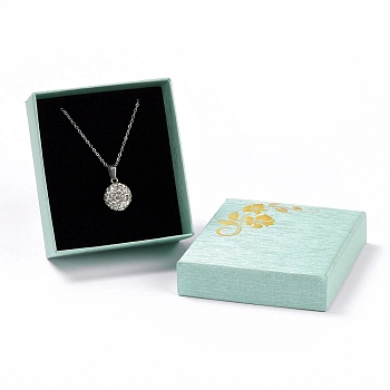 Paper with Sponge Mat Necklace Boxes, Rectangle with Gold Stamping Flower Pattern, Pale Turquoise, 8.7x7.7x3.65cm, Inner Diameter: 8.05x7.05cm, Depth: 3.3cm