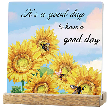 CREATCABIN 1Pc Custom Printed Ceramic Sheet, Square Display Decorations, with 1Pc Wooden Base, Sunflower Pattern, Ceramic Sheet: 10x10x0.7cm, Wood Base: 10.2x4x2cm