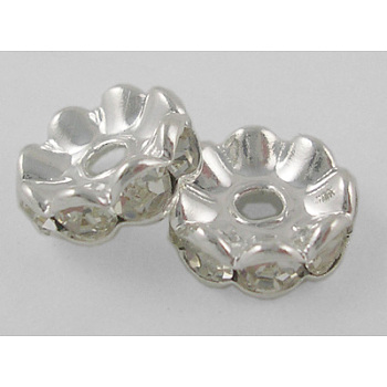 Middle East Rhinestone Spacer Beads, Clear, Brass, Silver Color Plated, Nickel Free, Size: about 6mm in diameter, 3mm thick, hole: 1mm