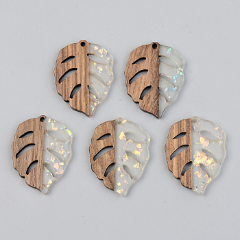 Transparent Resin & Walnut Wood Pendants, with Glitter Paillettes, Leaf, Clear, 37x28x3mm, Hole: 2mm