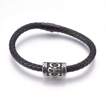 Men's Braided Leather Cord Bracelets, with Stainless Steel Findings and Magnetic Clasps, Column, 8-3/8 inch(21.3cm), 6mm