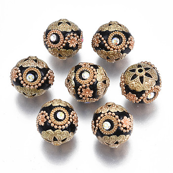 Handmade Indonesia Beads, with Crystal AB Rhinestone and Golden Tone Brass Findings, Round, Black, 20x19~20mm, Hole: 1.5~1.8mm