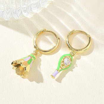 Brass Micro Pave Cubic Zirconia Dangle Hoop Earrings for Women, Badminton, with Enamel, Rack Plating, Long-Lasting Plated, Lead Free & Cadmium Free, Real 18K Gold Plated, Lime Green, 32mm