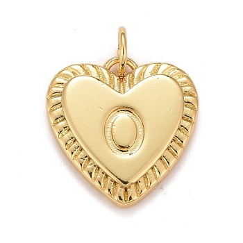 Rack Plating Real 18K Gold Plated Brass Pendants, with Jump Rings, Long-Lasting Plated, Lead Free & Cadmium Free & Nickel Free, Heart with Letter A~Z, Letter.O, 16x15x2.5mm, Jump Ring: 5x0.5mm, 3mm Inner Diameter