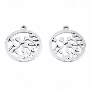 201 Stainless Steel Pendants, Laser Cut, Ring with Flower, Stainless Steel Color, 17x15x1mm, Hole: 1.4mm