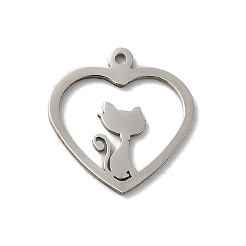 201 Stainless Steel Pendants, Laser Cut, Stainless Steel Color, Heart Charm, Cat Shape, 15x14x1mm, Hole: 1mm