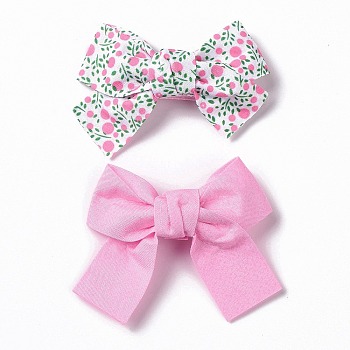 Iron Alligator Hair Clips, Single Color & Fruit Pattern Polyester Bowknot Hair Accessories, Pink, 55~58x66~70x13.5~14mm, 2pcs/card