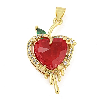 Rack Plating Brass Micro Pave Clear Cubic Zirconia Pendants, with Glass, Long-Lasting Plated, Cadmium Free & Lead Free, Real 18K Gold Plated, Heart Charms, Red, 30x17x9.5mm, Hole: 4.5x3.5mm