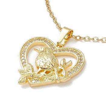 Clear Cubic Zirconia Heart with Bird Pendant Necklace, 304 Stainless Steel Jewelry for Women, Golden, 17.72 inch(45cm)