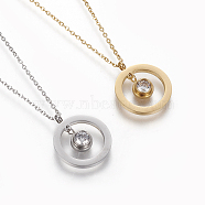 304 Stainless Steel Pendant Necklaces, with Cable Chains and Rhinestone, Ring, Mixed Color, 15.7 inch(40cm)(NJEW-O118-23)