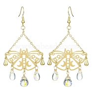 Hollow Butterfly Brass Chandelier Earrings, Glass Long Drop Earrings, Golden, 73x37mm(EJEW-TA00375)