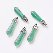 Natural Green Aventurine Pointed Pendants, with Platinum Tone Alloy Findings, Bullet, 33~40x8~9x8~9mm, Hole: 3x4mm(G-P309-08)