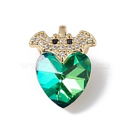 Real 18K Gold Plated Rack Plating Brass Micro Pave Clear Cubic Zirconia Pendants, with Glass, Long-Lasting Plated, Cadmium Free & Lead Free, Bat with Heart Charm, Medium Sea Green, 18x14x9.5mm, Hole: 5x3mm(KK-C015-10G-07)