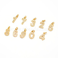 Real 18K Gold Plated Brass Micro Pave Cubic Zirconia Charms, Number 0~9, Cadmium Free & Nickel Free & Lead Free, Mixed, 11x6~7x1.5~2mm, Hole: 2mm(ZIRC-E012-M)
