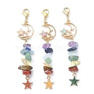 Chakra Natural Gemstone Chip Beaded Pendant Decorations, with Alloy Enamel Charms and 304 Stainless Steel Lobster Claw Clasps, Star and Moon, Mixed Color, 79mm, 3pcs/set(HJEW-JM01193)