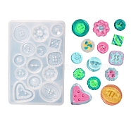 DIY Button Silicone Molds, Resin Casting Molds, for UV Resin & Epoxy Resin Craft Making, Mixed Shapes, White, 104.5x69x6.5mm, Hole: 1.5~2mm, Inner Diameter: 12~25x12~26mm(DIY-E055-30)