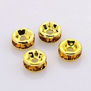 Brass Rhinestone Spacer Beads, Grade A, Straight Flange, Golden Metal Color, Rondelle, Topaz, 6x3mm, Hole: 1mm(RB-A014-Z6mm-17G)