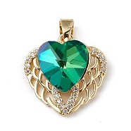Real 18K Gold Plated Rack Plating Brass Micro Pave Clear Cubic Zirconia Pendants, with Glass, Long-Lasting Plated, Cadmium Free & Lead Free, Heart Charm, Dark Green, 19x19x8mm, Hole: 5x3mm(KK-C015-29G-01)